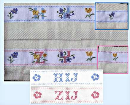handdoek, washandje, gastendoekje met HIJ of ZIJ, handgeborduurd in kruissteek